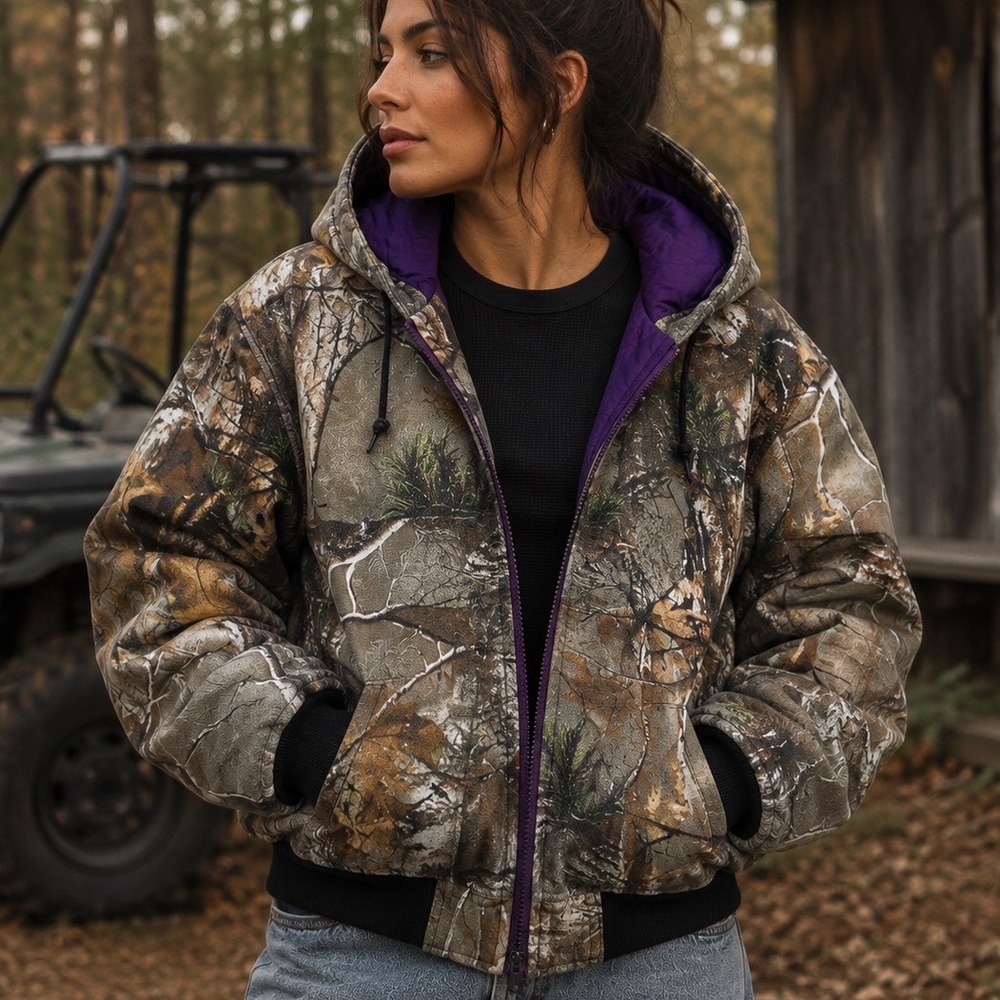 Walls Legend Realtree Camo Hooded Bomber Jacket Purple Quilted Lining XL Regular